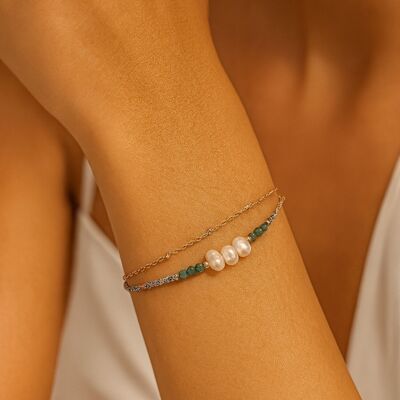 Bracciale Doppia Fila in Acciaio Inossidabile Dorato con Perline di Apatite Naturale e Perle di Acqua Dolce