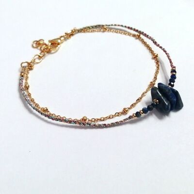 Bracelet Double Rang en Acier Inoxydable Doré avec Perles Facettées et chips en Lapis Lazuli