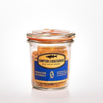 Koschere geriebene Bottarga im 50-g-Vakuumglas.