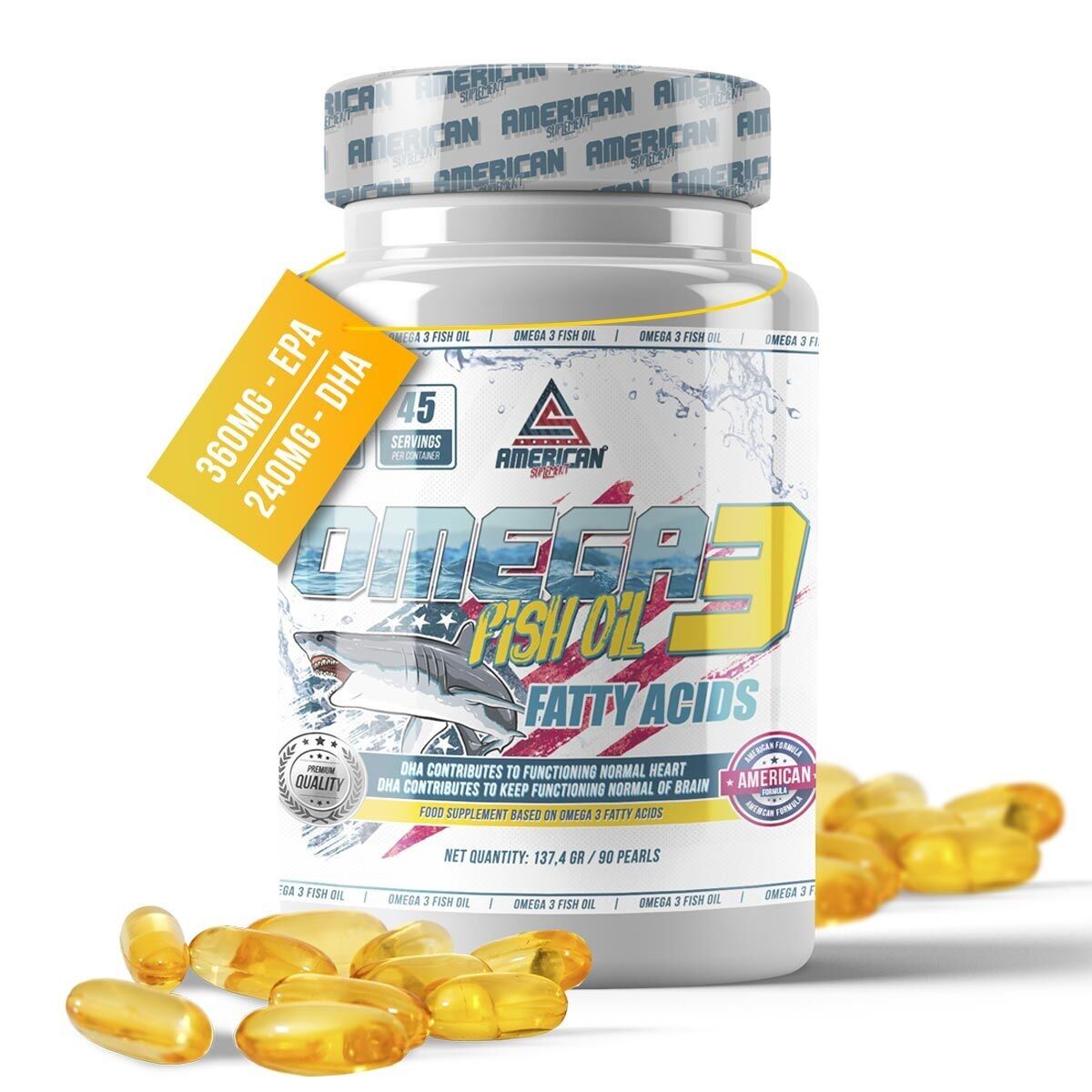 AS American Suplement | Perlas de Omega 3 | 90 Cápsulas | A Base de Aceite de Pescado y Vitamina E | Ayuda a Mejorar el Funcionamiento Cerebral y la Visión