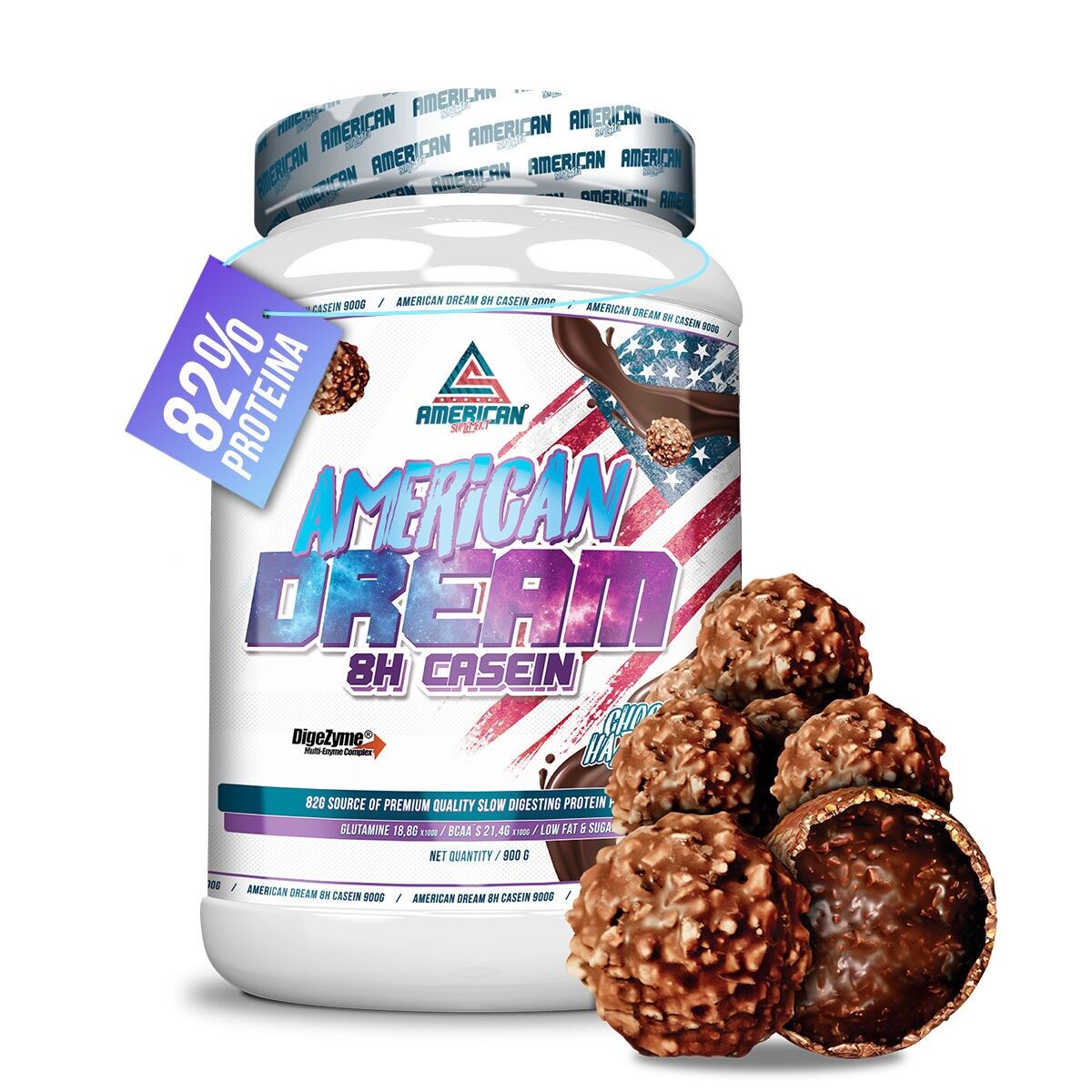 Als amerikanisches Nahrungsergänzungsmittel | American Dream Casein | 900 Gramm | Schoko-Haselnuss-Rocher | Mizellares Casein | Muskelregeneration | mit Whey Protein