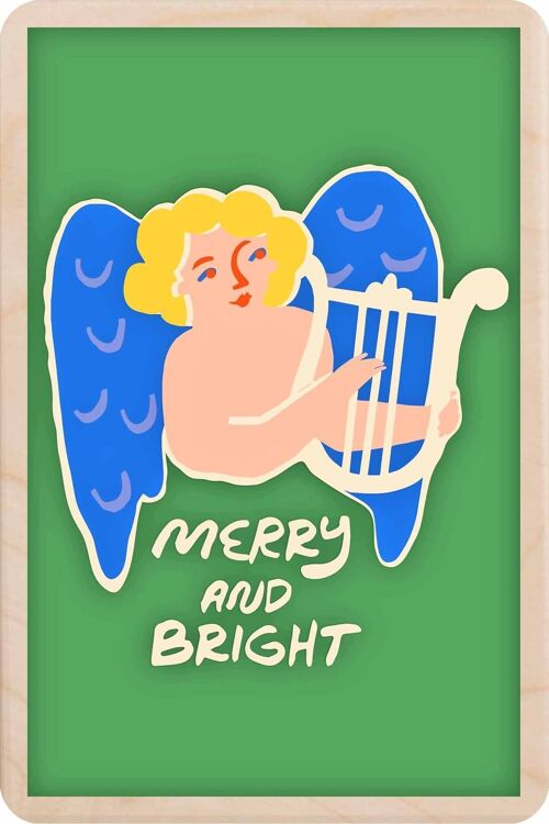 Wooden Postcard MERRY AND BRIGHT Christmas Card
