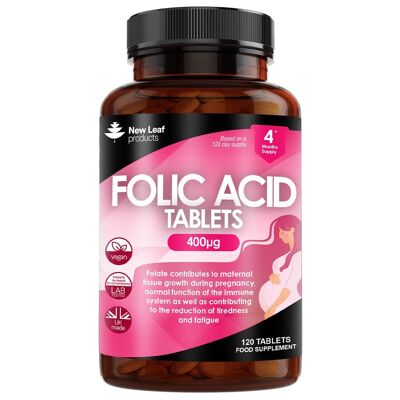 Tabletas de ácido fólico 400 mcg - 120 vitaminas de embarazo de alta resistencia de ácido fólico