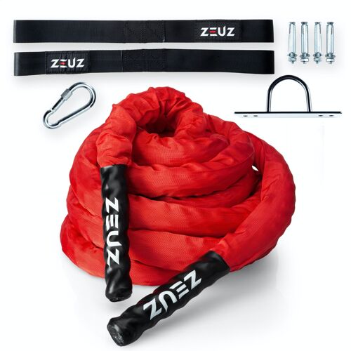 ZEUZ® 9 Meter Battle Rope inclusief Bevestigingsmateriaal – Training Touw – Fitness & Crossfit – Thuis trainen - Rood