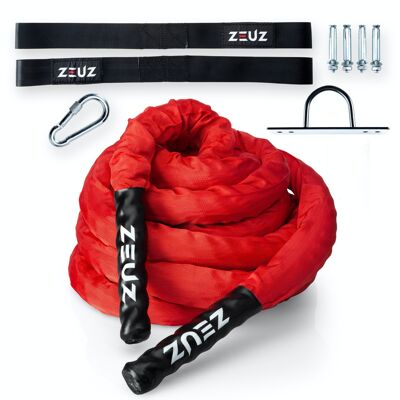 ZEUZ® 9 Meter Battle Rope incluso Bevestigingsmateriaal – Training Touw – Fitness & Crossfit – Thuis trainen - Rood