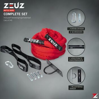 ZEUZ® 9 Meter Battle Rope inclusief Bevestigingsmateriaal – Training Touw – Fitness & Crossfit – Thuis trainen - Rood 3