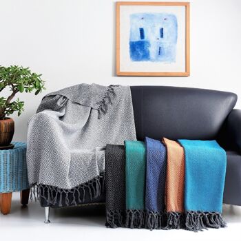 Jeté en coton texturé zigzag | Turquoise sur gris | 190 x 90 cm 3