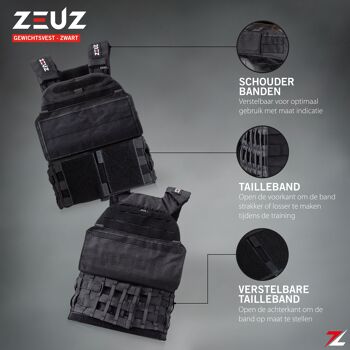 ZEUZ® Crossfit & Fitness Gewichtsvest 16,5 KG – Gilet tactique et gilet d'entraînement - Verstelbaar in Gewichten - Zwart 3