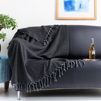 Jeté en coton texturé zigzag | Noir sur gris | 190x90 1