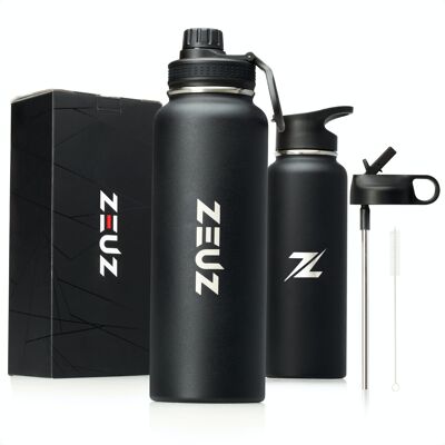 ZEUZ® Premium RVS Thermosflaschen & Trinkflaschen – Wasserflaschen mit Rietje – Isolierflaschen – 1200 ml/ 1, 2 Liter – Mattschwarz
