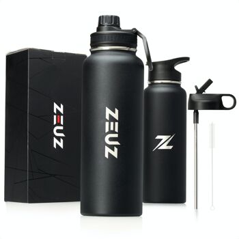 ZEUZ® Premium RVS Thermosfles & Drinkfles – Waterfles met Rietje – Isoleerfles– 1200 ml/ 1, 2 Liter- Mat Zwart 1