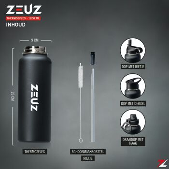 ZEUZ® Premium RVS Thermosfles & Drinkfles – Waterfles met Rietje – Isoleerfles– 1200 ml/ 1, 2 Liter- Mat Zwart 4
