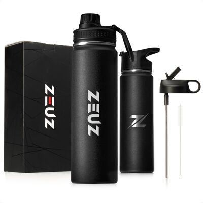 ZEUZ® Premium RVS Thermosflaschen & Trinkflaschen – Wasserflaschen mit Riegel – BPA-frei – 700 ml – Mattschwarz