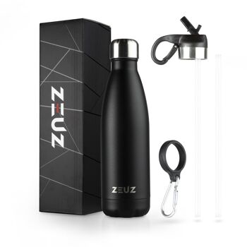 ZEUZ® Premium RVS Thermosfles & Drinkfles - Isoleerfles – Waterfles met Rietje - BPA Vrij – 500 ml - Mat Zwart 1