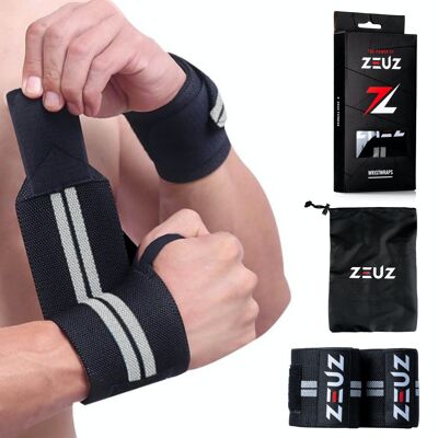 ZEUZ® 2x Fitness & CrossFit Polsband – Handgelenkbandagen – Krachttraining – Polsbrace – Grijs & Zwart