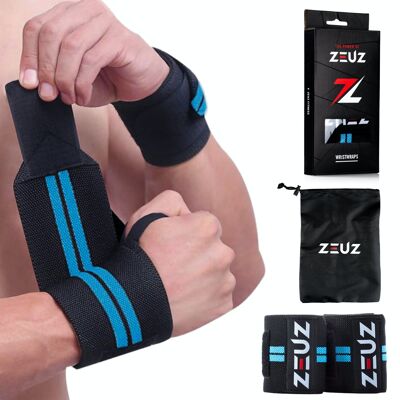 ZEUZ® 2x Fitness & CrossFit Polsband – Handgelenkbandagen – Krachttraining – Polsbrace – Blauw & Zwart