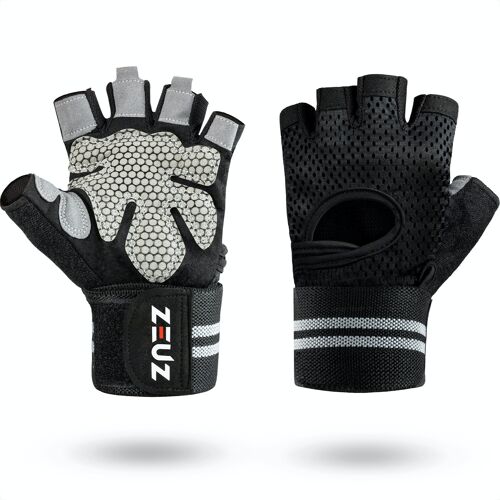 ZEUZ® Sport & Fitness Handschoenen Heren & Dames – Krachttraining – Crossfit – Grijs & Zwart – Maat M