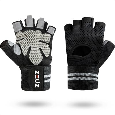 ZEUZ® Sport & Fitness Handschoenen Herren & Damen – Krachttraining – Crossfit – Grijs & Zwart – Maat L