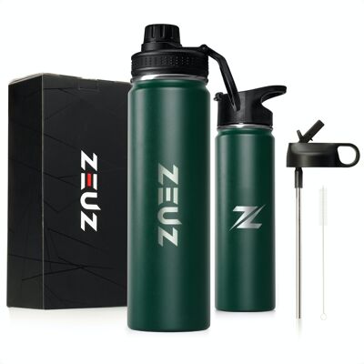 ZEUZ® Premium RVS Thermosfles & Drinkfles – Waterfles met Rietje - BPA Vrij – 700 ml - Mat Groen