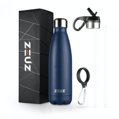 ZEUZ® Premium RVS Thermosfles & Drinkfles – Waterfles met Rietje - BPA Vrij – 500 ml - Donkerblauw