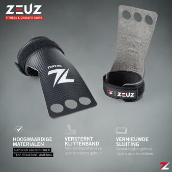 ZEUZ® Fitness & Crossfit Grips – Sport Handschoenen – Turnen – Gymnastics – Zwart – Carbon - Maat L 3