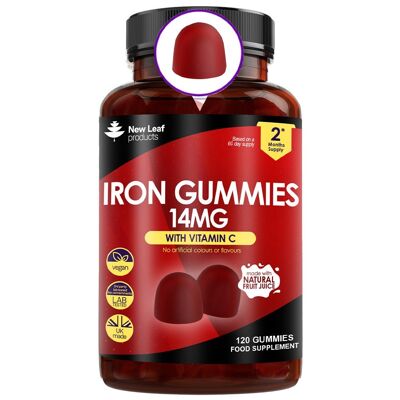 Iron Gummies 14mg - 120 suppléments de fer enrichis en vitamine C + vrai jus de fruits