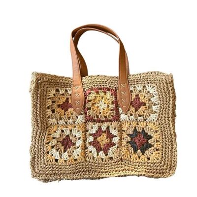 Bolso hilo vegetal con flores tonos beige