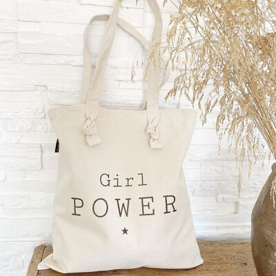 Geknotete Einkaufstasche „Girl Power“ in Ecru