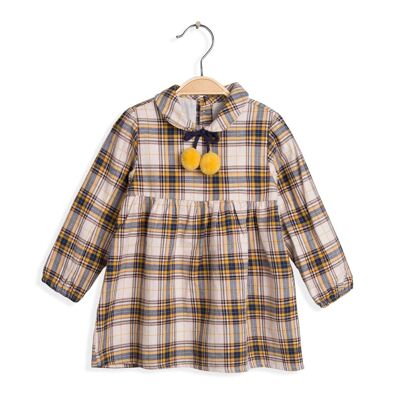 Mustard and navy blue checked baby girl dress with pompoms
