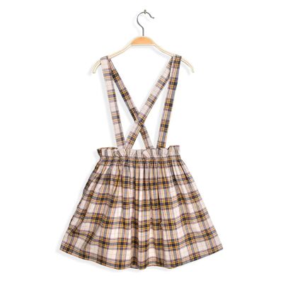 Girl's mustard and navy blue checked pinafore dress convertible into a skirt