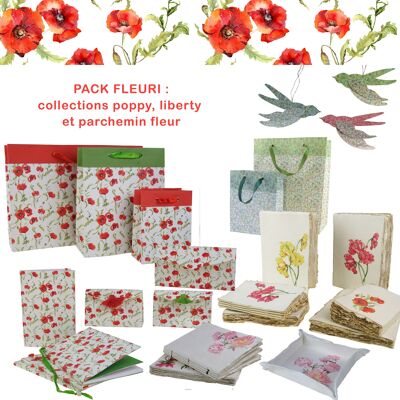 Floral assortment, notebooks, bags, envelopes and summer flower-themed pouches