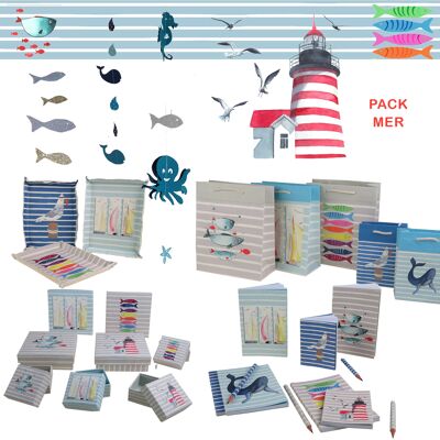 Surtido marino, cuadernos, guirnaldas, cajas y bolsas con temática marina y festiva