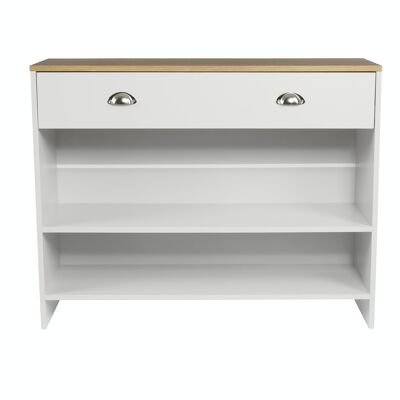 Oak-Effect Console Unit with Drawer & Shelves in Cream