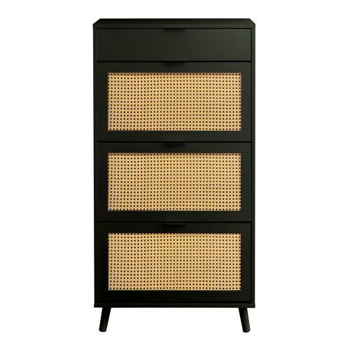 Shoe Storage Cabinet with Rattan Detail Dropdown Drawers in Black
