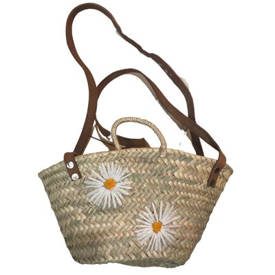 Daisy Embroidered Straw Shoulder Bag