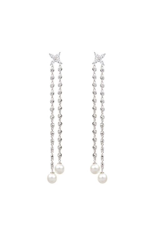 Double Chain Wedding Shell Pearl Silver Drop Earrings
