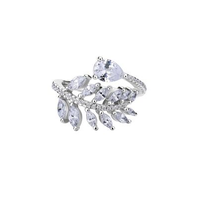 Anello in argento bianco con diamanti foglie cadenti