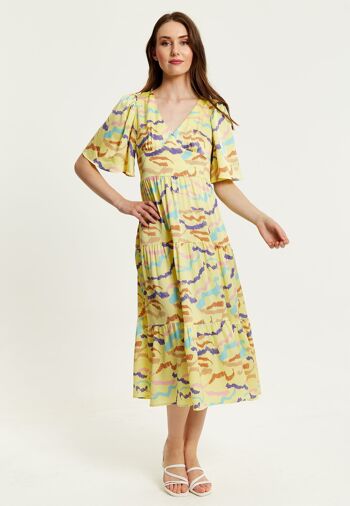 Liquorish - Robe mi-longue à imprimé zèbre abstrait jaune avec manches kimono 5