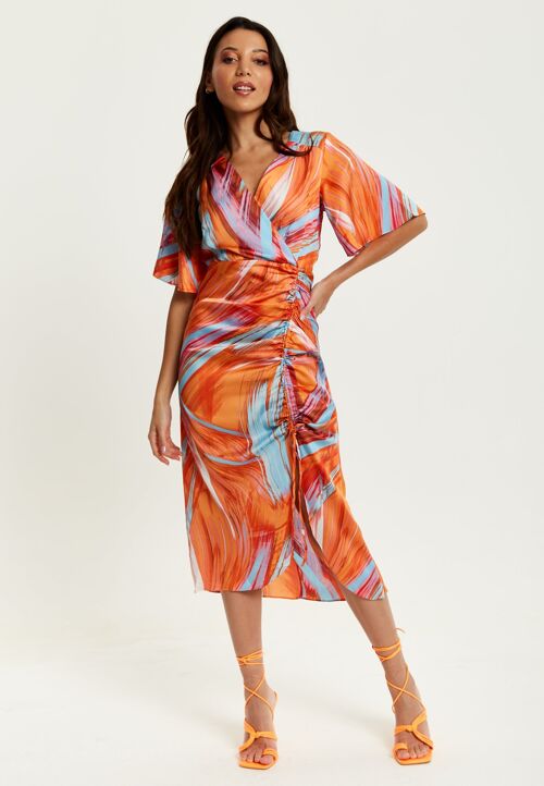 Liquorish Rouching Detail Abstract Brush Stroke Print Midi Dress In Orange