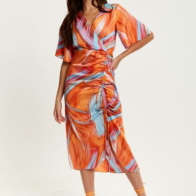 Liquorish Rouching Detail Abstract Brush Stroke Print Midi Dress In Orange