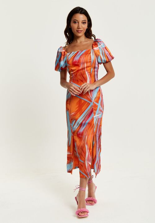 Liquorish Abstract Print Midi Dress With a Square neck and Low Back in Orange