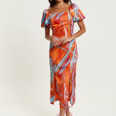 Liquorish Abstract Print Midi Dress With a Square neck and Low Back in Orange