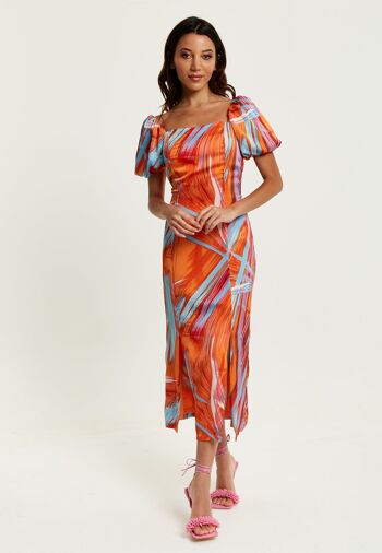 Robe mi-longue à imprimé abstrait Liquorish avec col carré et dos bas en orange 1