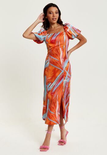 Robe mi-longue à imprimé abstrait Liquorish avec col carré et dos bas en orange 2