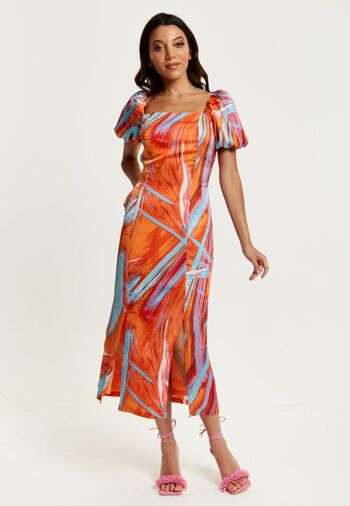 Robe mi-longue à imprimé abstrait Liquorish avec col carré et dos bas en orange 3