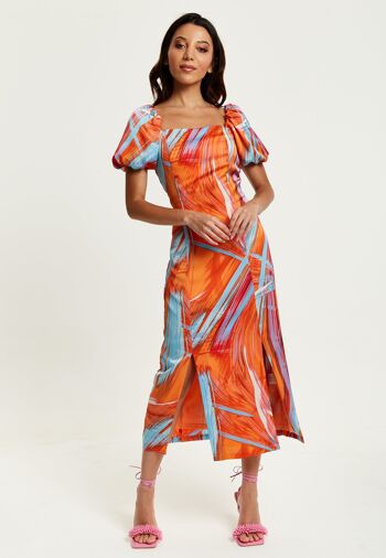 Robe mi-longue à imprimé abstrait Liquorish avec col carré et dos bas en orange 4