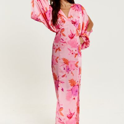 Liquorish - Robe longue à imprimé floral rose avec fentes sur les manches