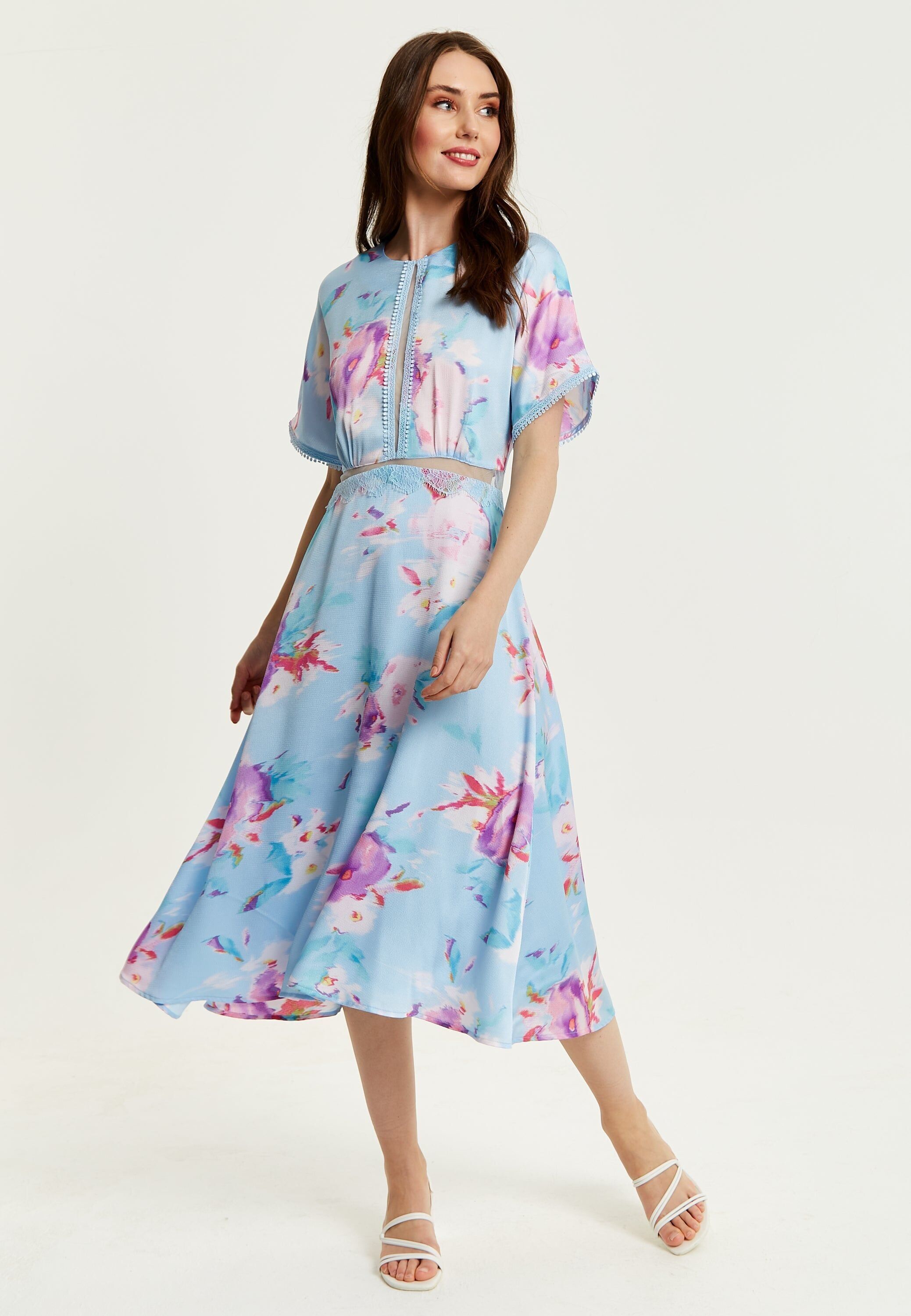 Abito midi con stampa floreale Liquorish con dettagli in rete blu