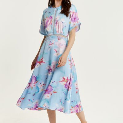 Liquorish Midi Floral Print Dress With Mesh Detail In Blue