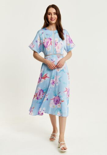 Liquorish - Robe mi-longue à imprimé floral avec détail en maille - Bleu 3